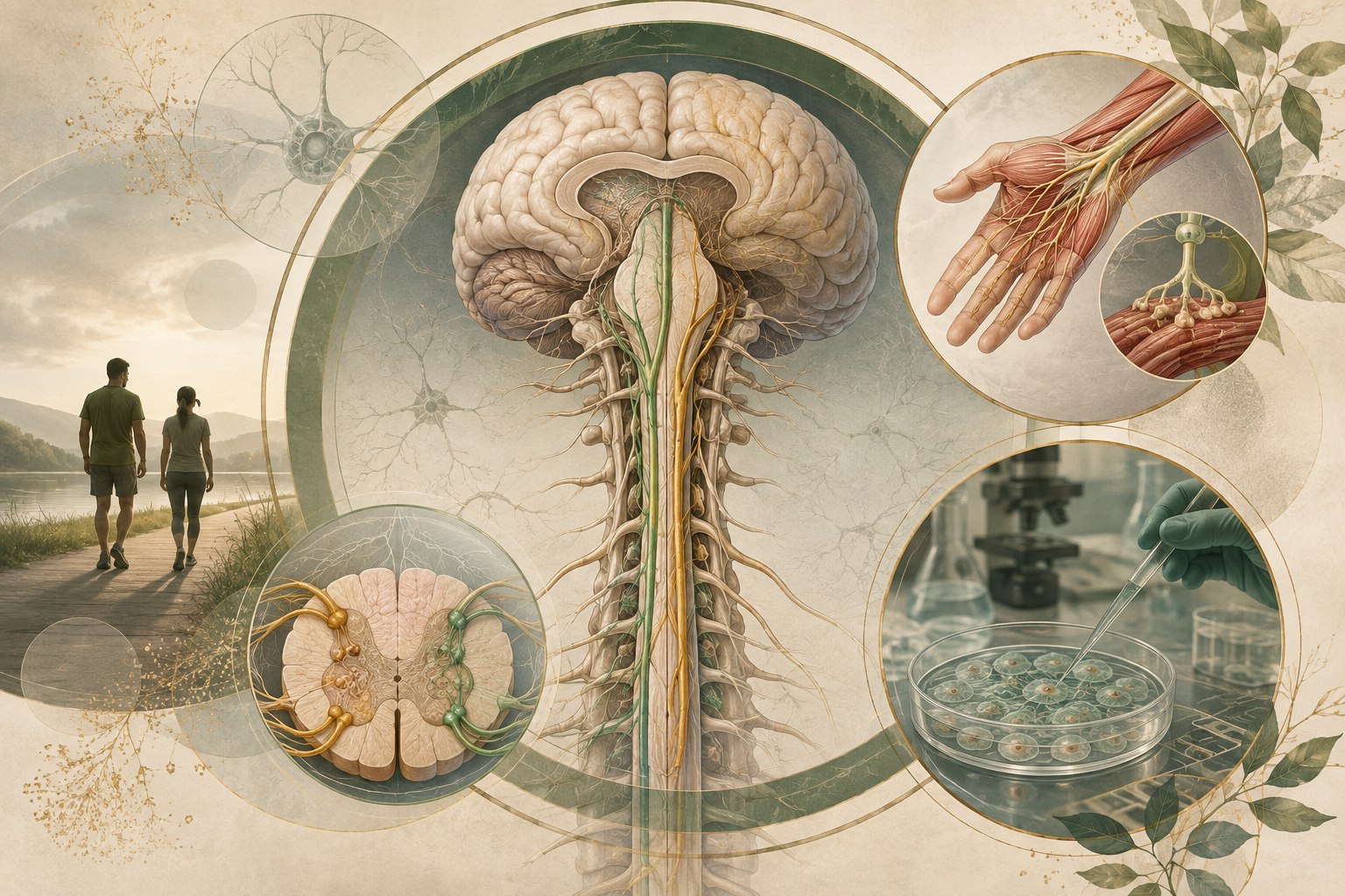 Layered medical illustration connecting the brain, spinal cord, motor neurons, hand movement, gait, and laboratory review in ALS