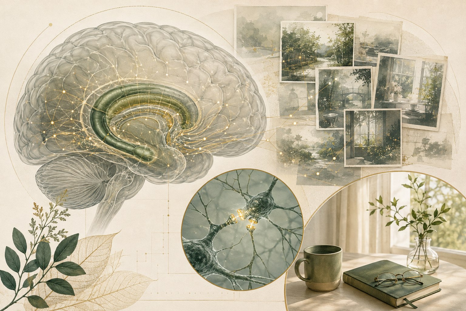 Editorial brain illustration showing the hippocampus, connected memory networks, daily routines, and caregiver observations in Alzheimer's disease
