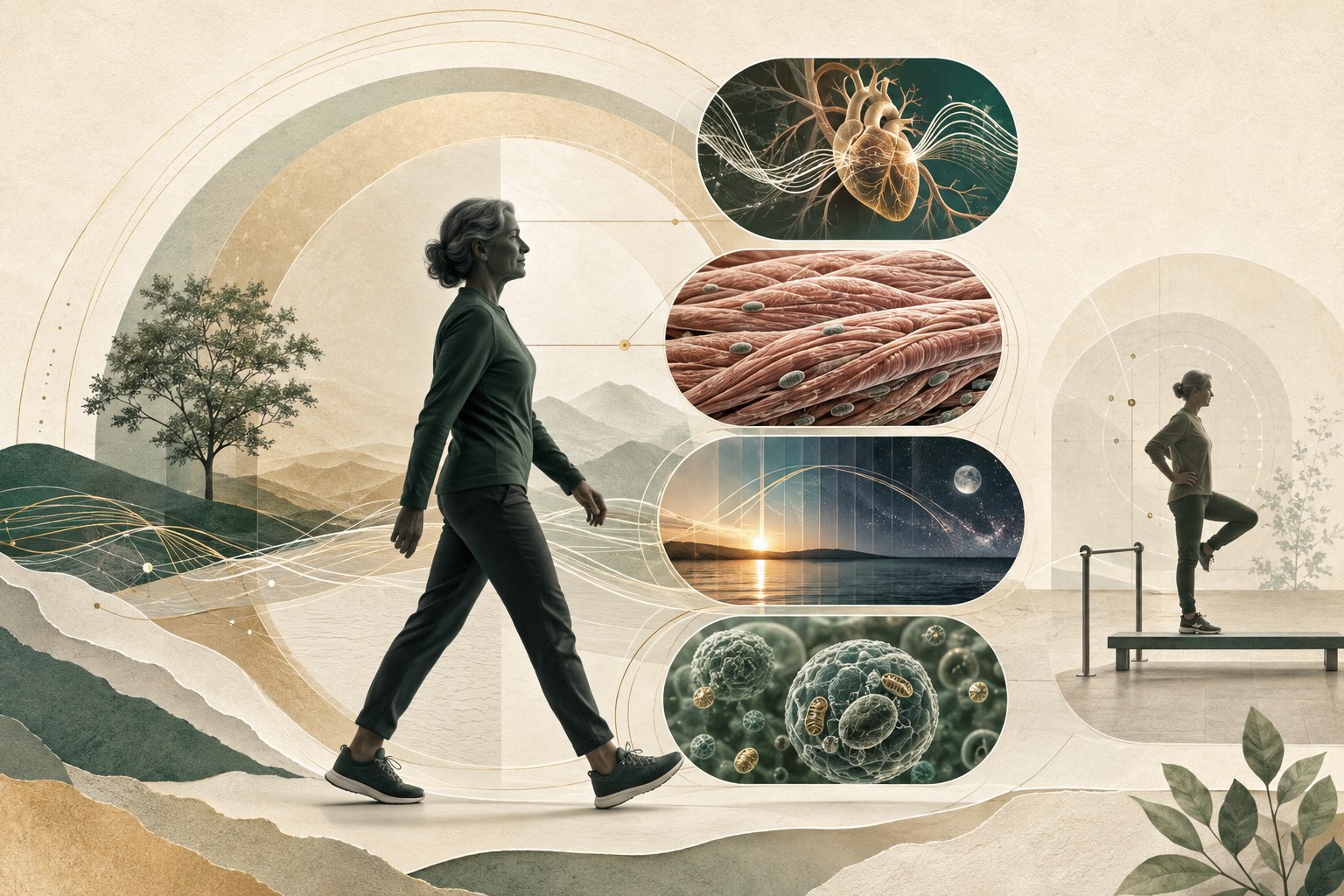 Editorial longevity illustration connecting heart, brain, muscle, metabolism, sleep, prevention, laboratory trends, and daily habits