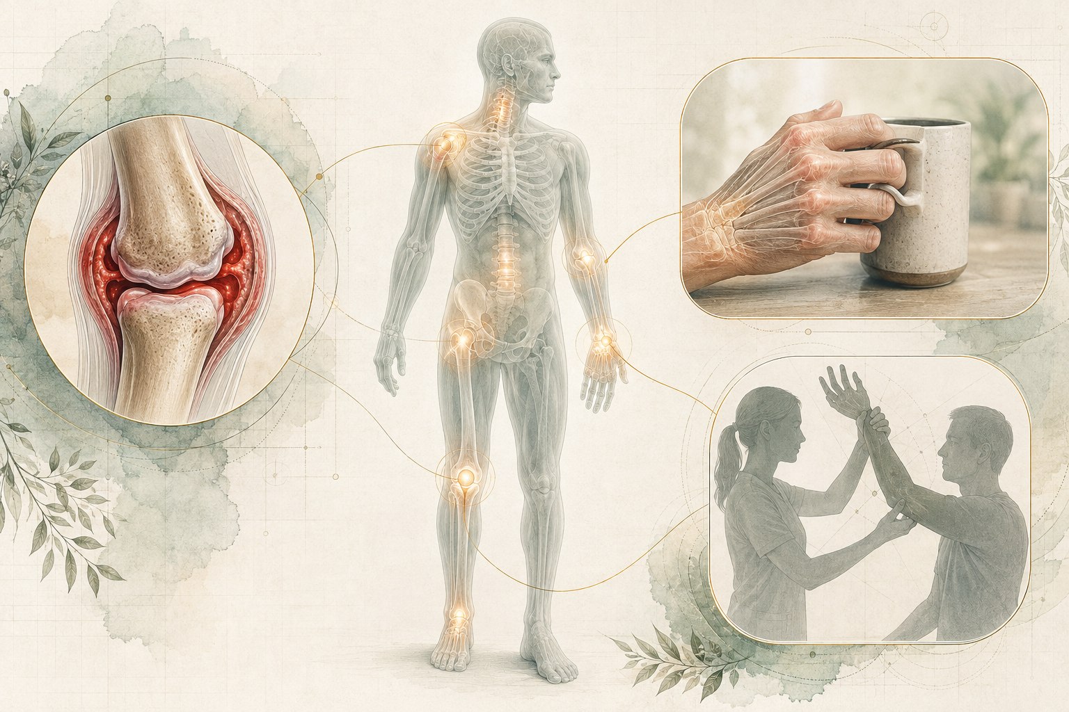 Comparative joint illustration showing cartilage, synovium, bone, inflammation, movement, and several causes of arthritis