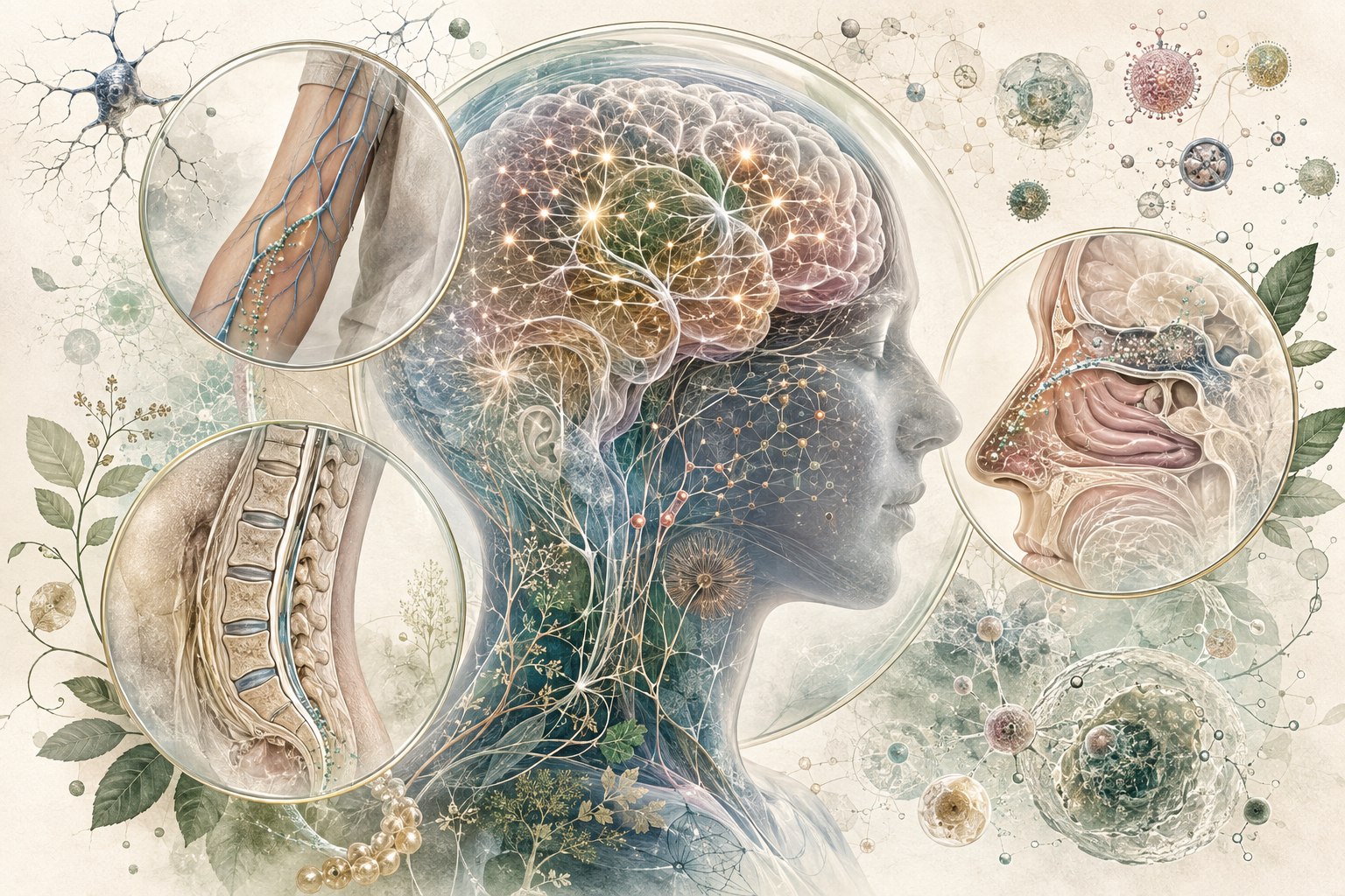 Nested editorial illustration of neurodevelopmental connectivity with intravenous, intrathecal, and intranasal administration route insets for autism research discussions