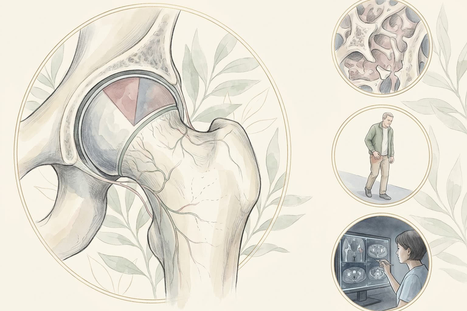 Cutaway hip illustration showing a wedge of dead bone in the femoral head, the vessels feeding the femoral neck, collapsed trabeculae, a limping gait and MRI review