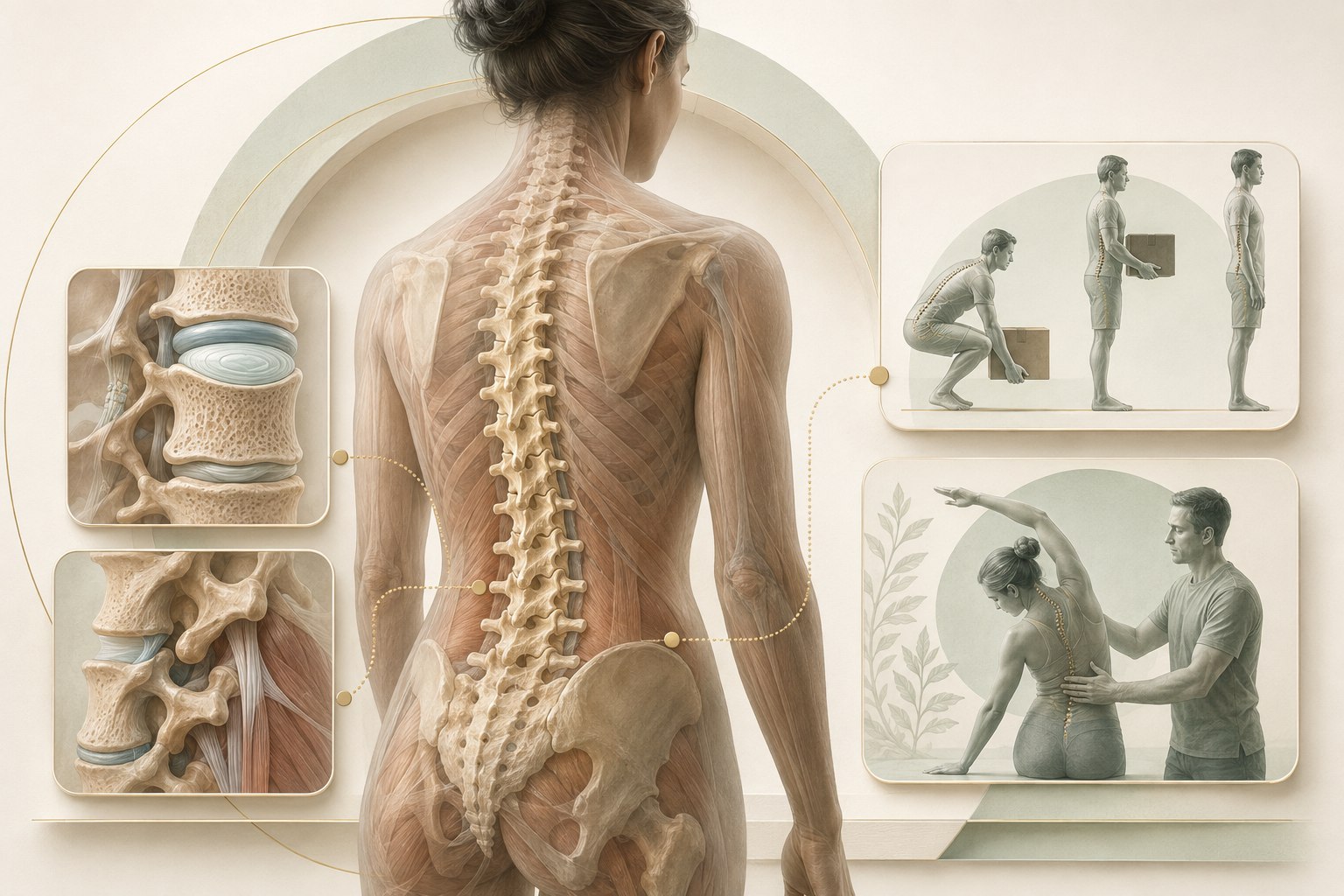 Layered spine illustration showing discs, facet joints, nerves, muscles, posture, and red-flag assessment for back pain