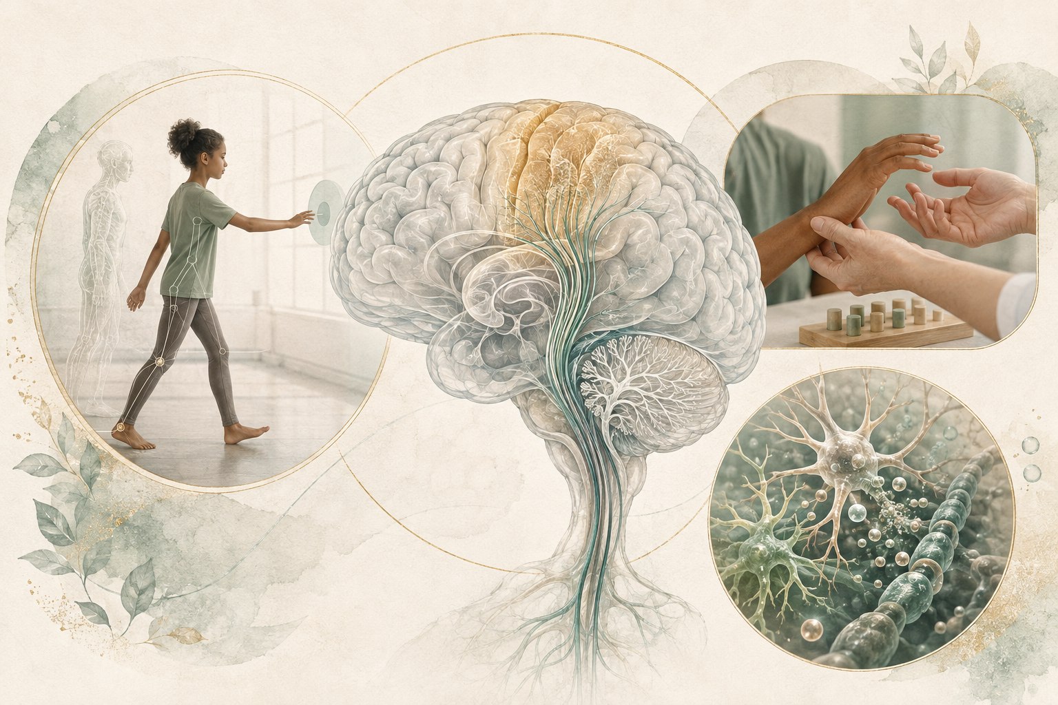 Layered medical illustration of early brain injury, muscle tone, posture, walking support, and therapy goals in cerebral palsy