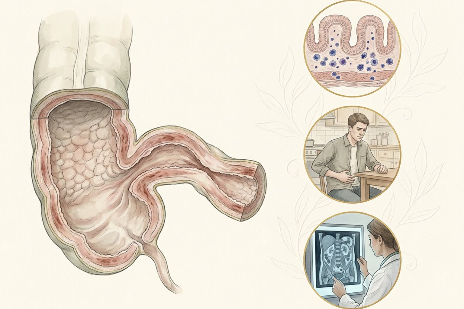 Opened bowel illustration showing a cobblestone lining, a thickened narrowed segment, inflammation through the full wall thickness, and imaging review in Crohn disease