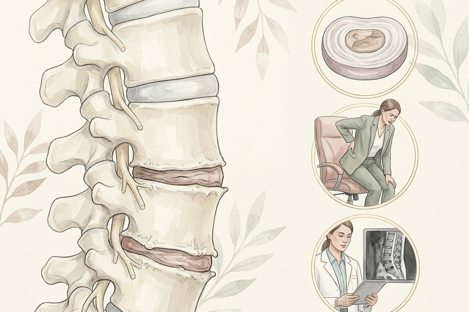 Lumbar spine illustration showing tall upper discs and flattened darkened lower discs, a disc cross-section, rising from an office chair, and MRI review