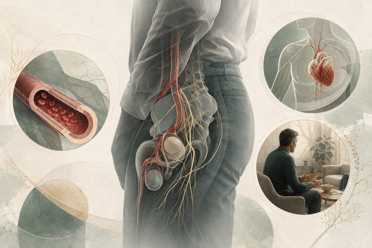 Discreet medical illustration of vascular flow, nerve signaling, hormones, pelvic anatomy, and cardiovascular assessment in erectile dysfunction