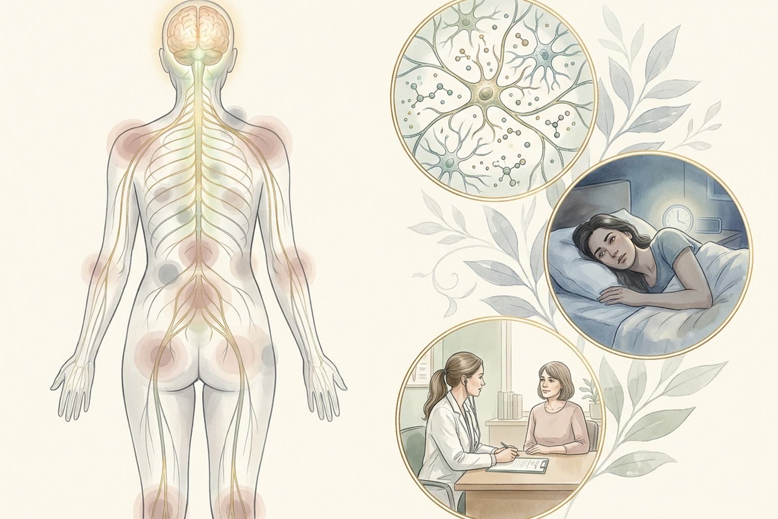 Illustration of the brain, spinal cord and nerve pathways with widespread tender areas across the body in fibromyalgia, with sleep disruption and a consultation
