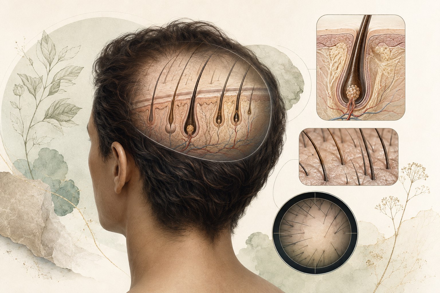 Layered scalp and follicle illustration showing hair-growth phases, pattern distribution, density photography, and possible causes of hair loss