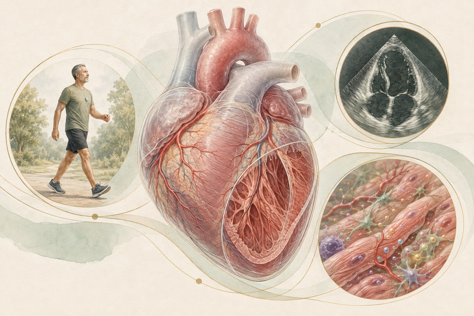 Layered heart illustration showing coronary vessels, heart muscle, rhythm, circulation, exercise capacity, and cardiac testing