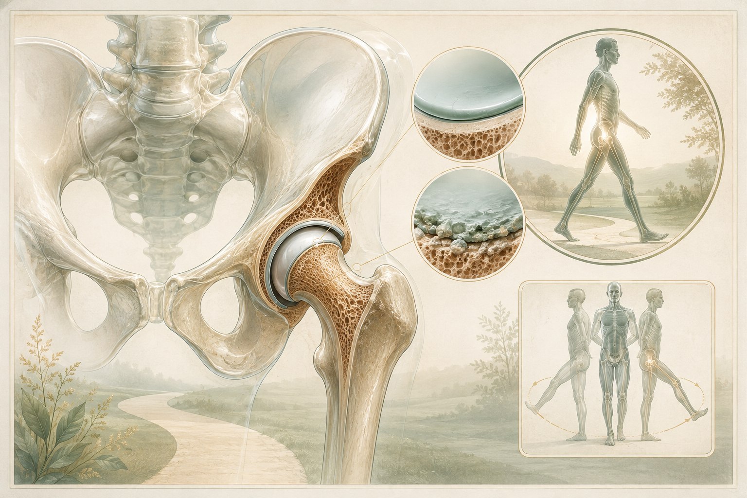Cutaway hip illustration showing socket cartilage, bone change, range of motion, gait, muscle support, and daily activities