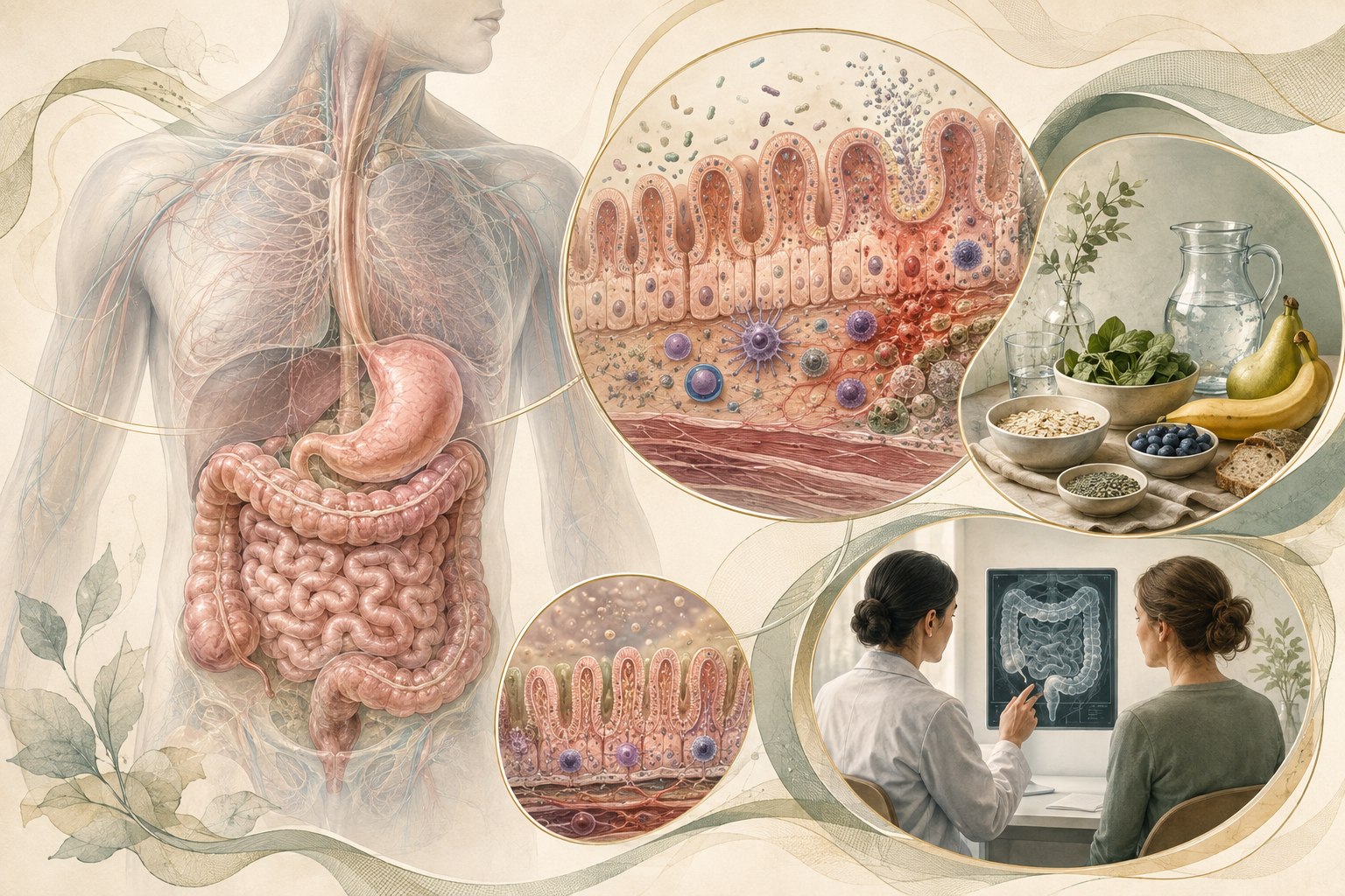 Editorial digestive-system illustration comparing small and large bowel inflammation with gut-wall, nutrition, and symptom-tracking insets