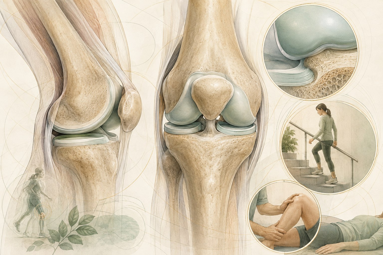 Cutaway knee illustration showing cartilage compartments, meniscus, alignment, loading, quadriceps support, and stair function