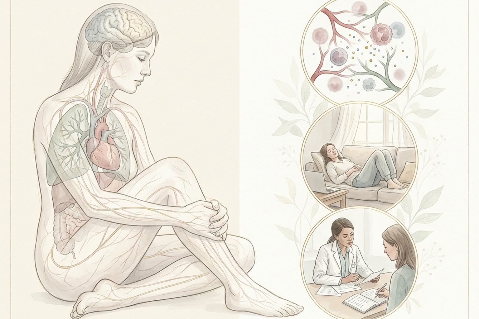 Seated figure illustration showing lungs, heart, brain and fine blood vessels together in Long COVID, with capillary inflammation, rest and pacing, and results review