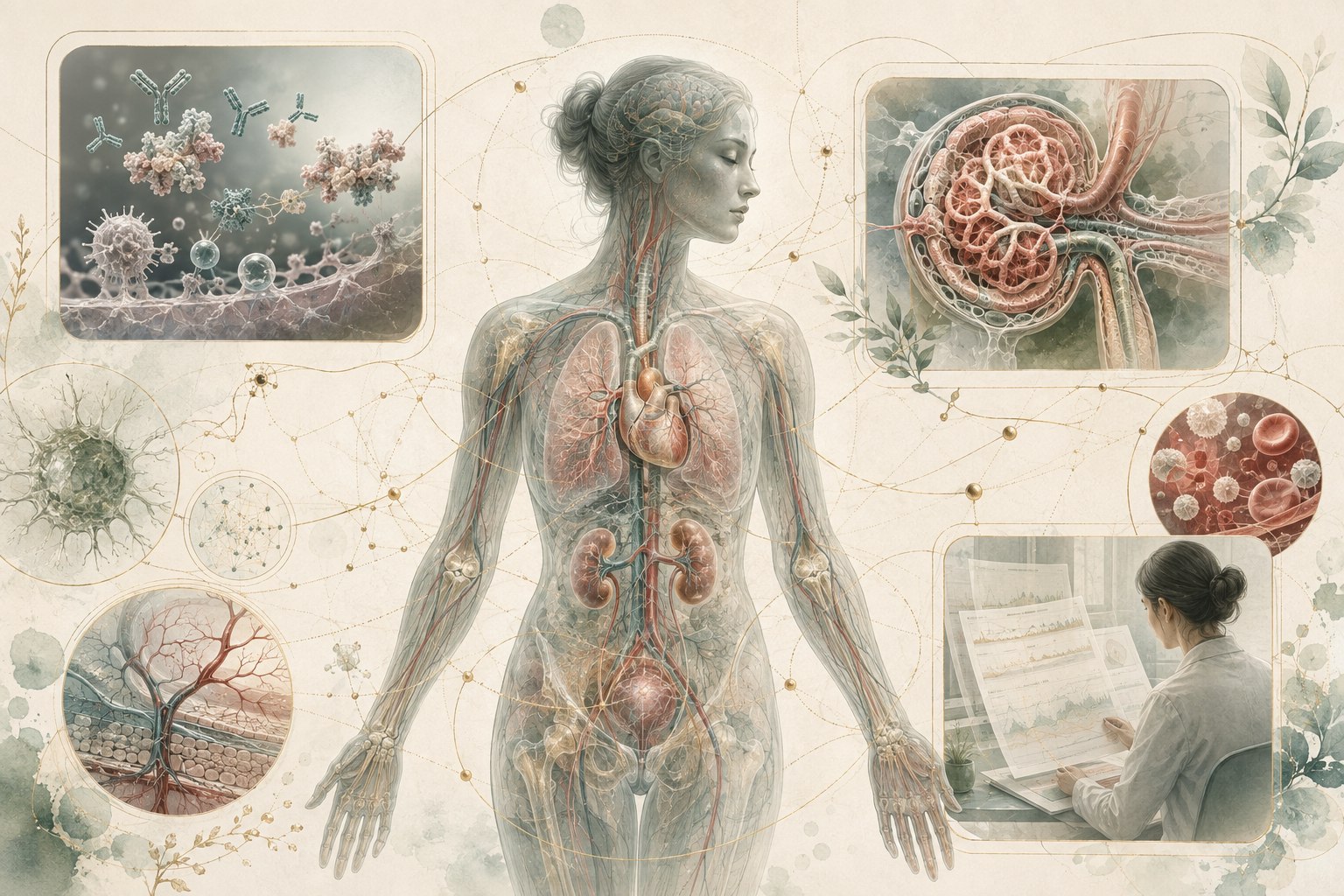 Layered immune-system illustration connecting autoantibodies with joints, skin, kidneys, heart, lungs, and flare tracking in lupus