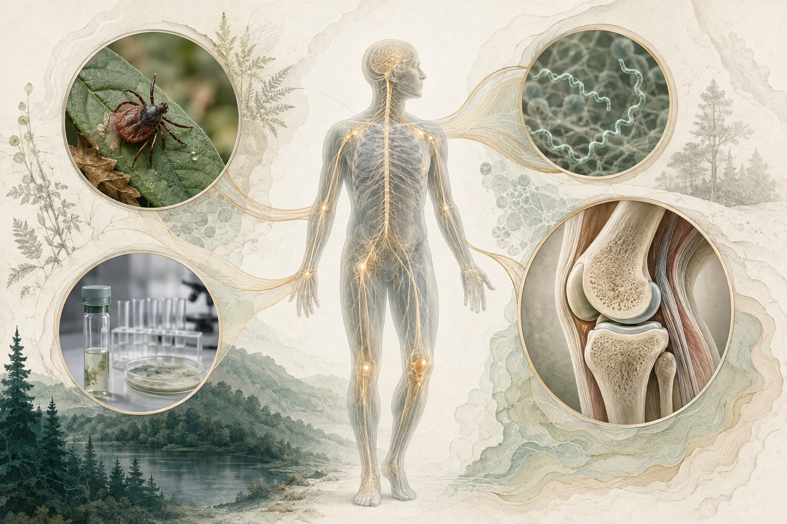 Editorial timeline illustration of tick exposure, early rash, nervous system, joints, heart, testing, and differential diagnosis in Lyme disease