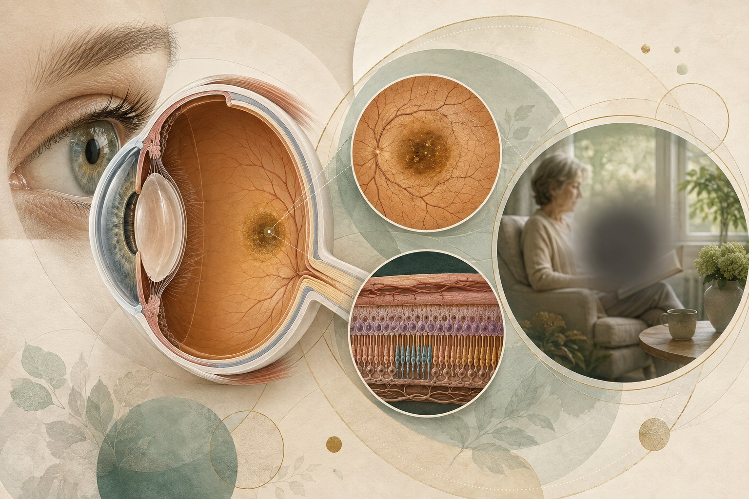 Detailed eye and retina illustration highlighting the macula with drusen, abnormal vessels, central vision, and retinal imaging