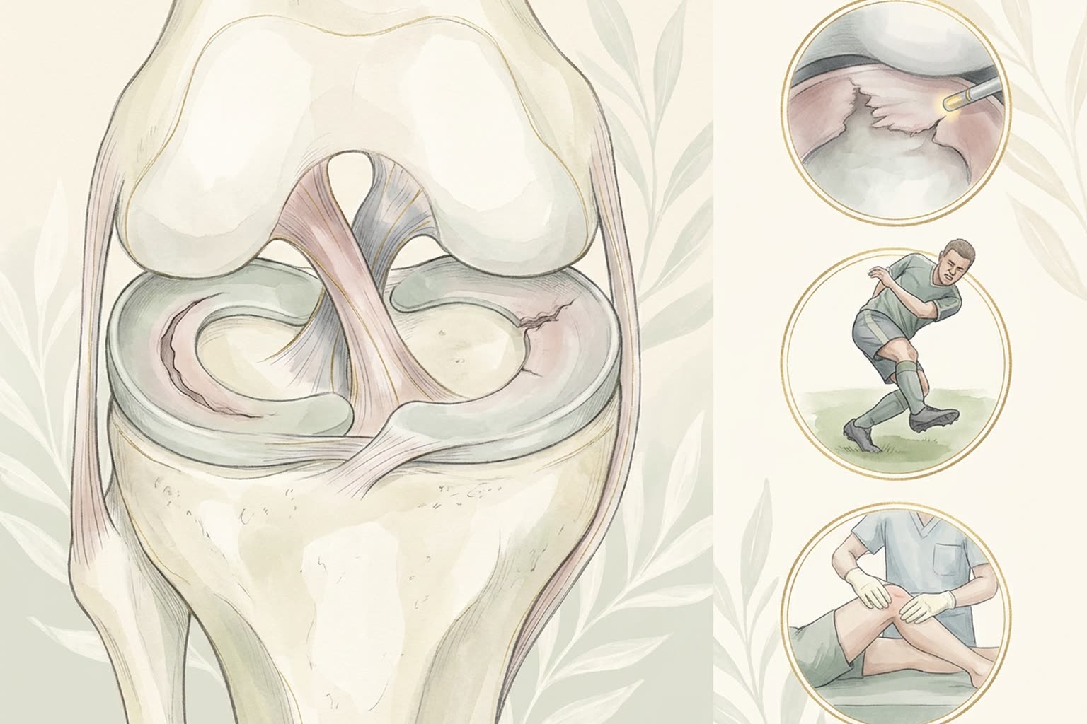 Opened knee illustration showing the C-shaped menisci with bucket-handle and radial tear patterns, an arthroscopic view, a twisting injury, and a knee examination
