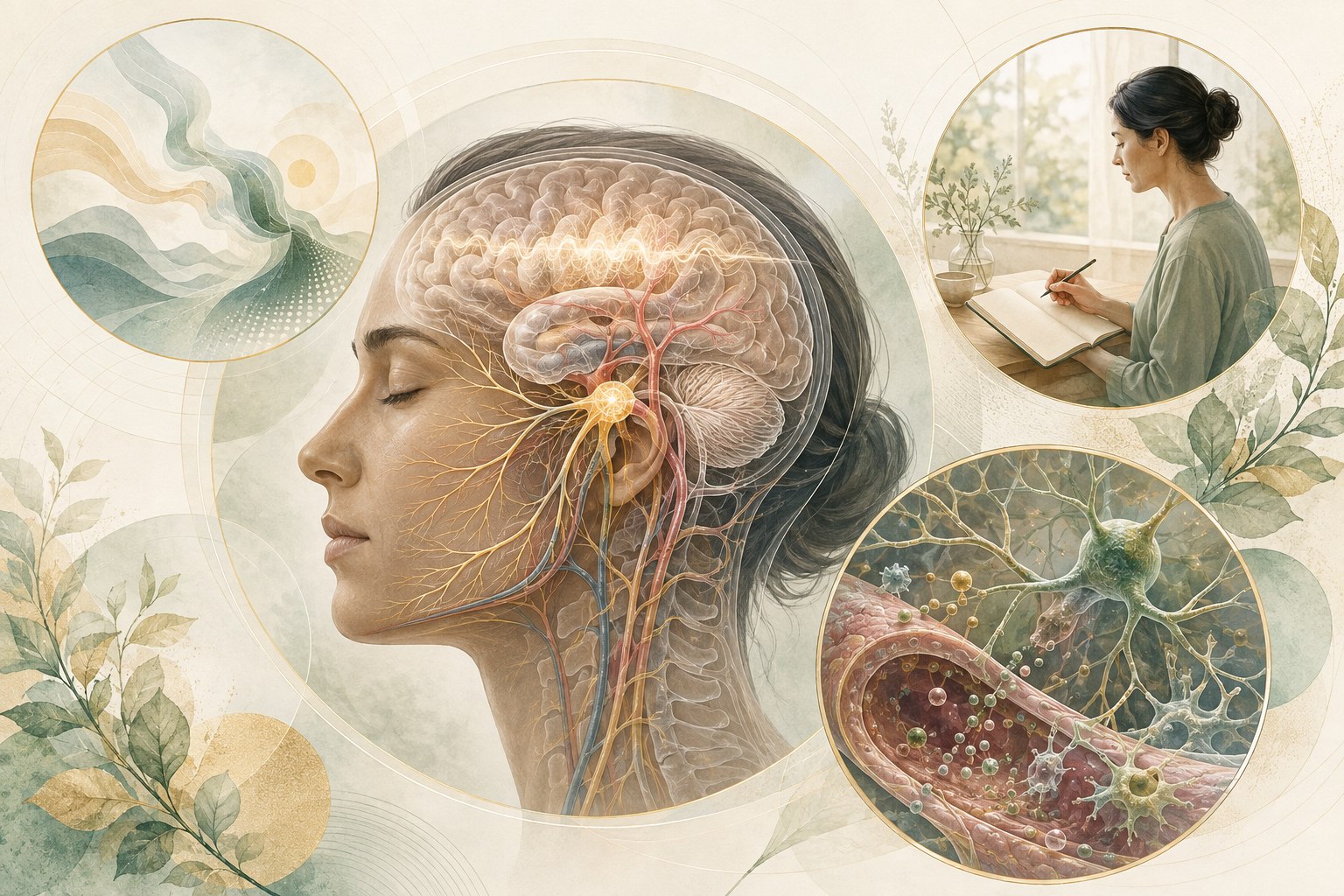 Layered brain and trigeminal pathway illustration with migraine phases, sensory triggers, headache diary, and urgent warning signs