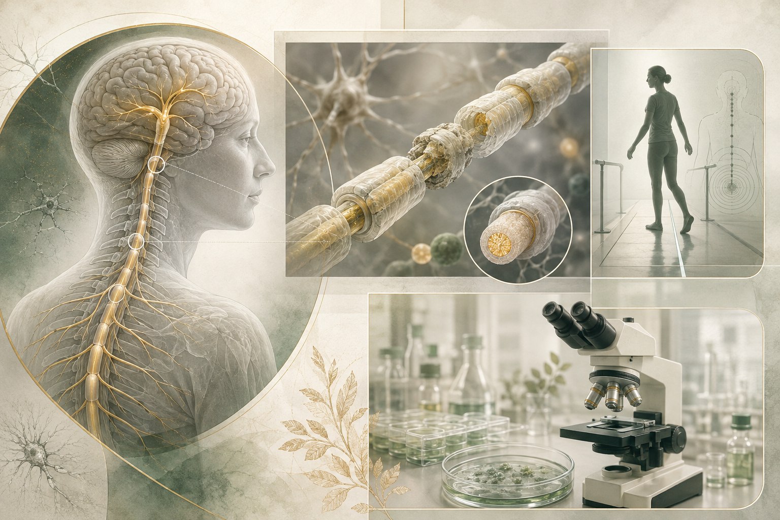Editorial illustration of myelin around nerves, immune activity, brain and spinal lesions, and mobility measures in multiple sclerosis