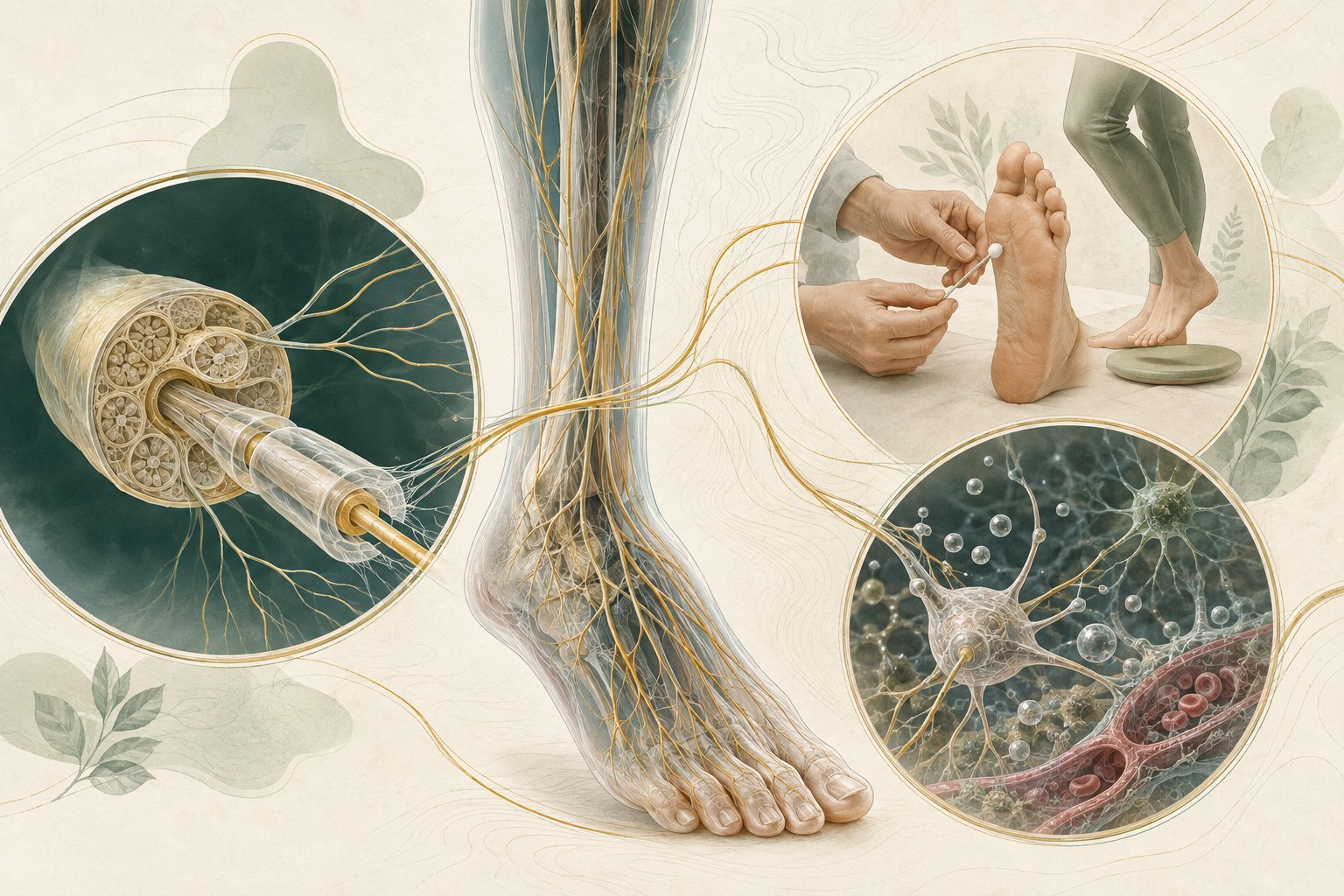 Editorial illustration tracing peripheral nerves from the spinal cord to the feet and hands with sensation, balance, and cause insets
