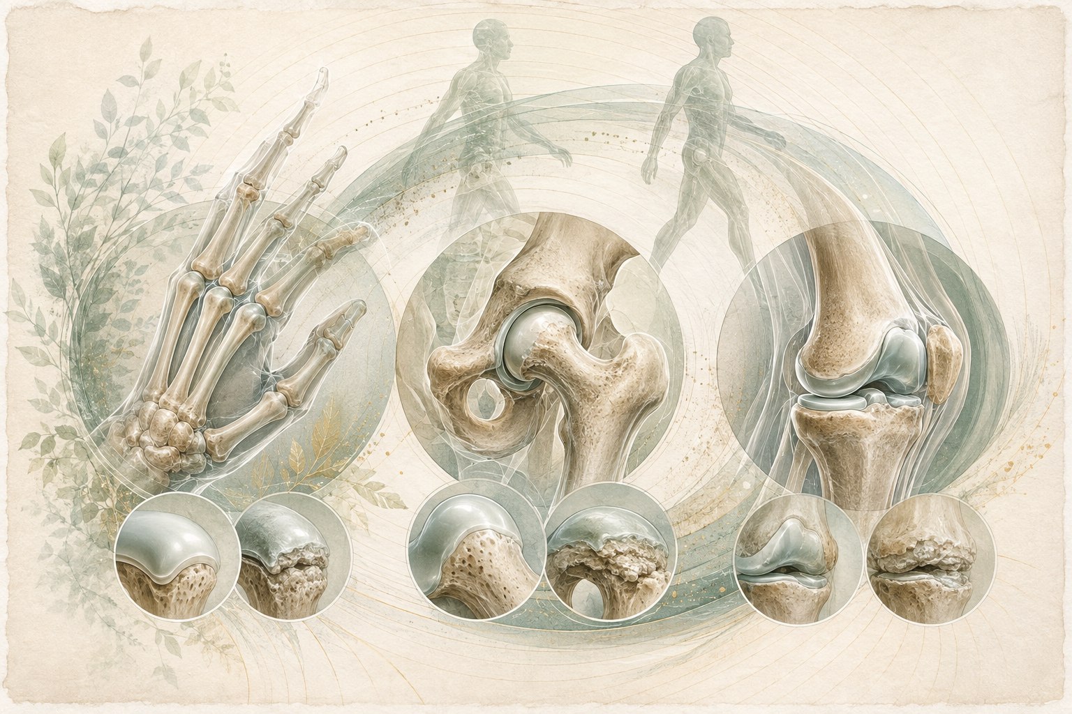 Layered joint illustration showing cartilage loss, bone change, alignment, load, muscle support, and mobility in osteoarthritis