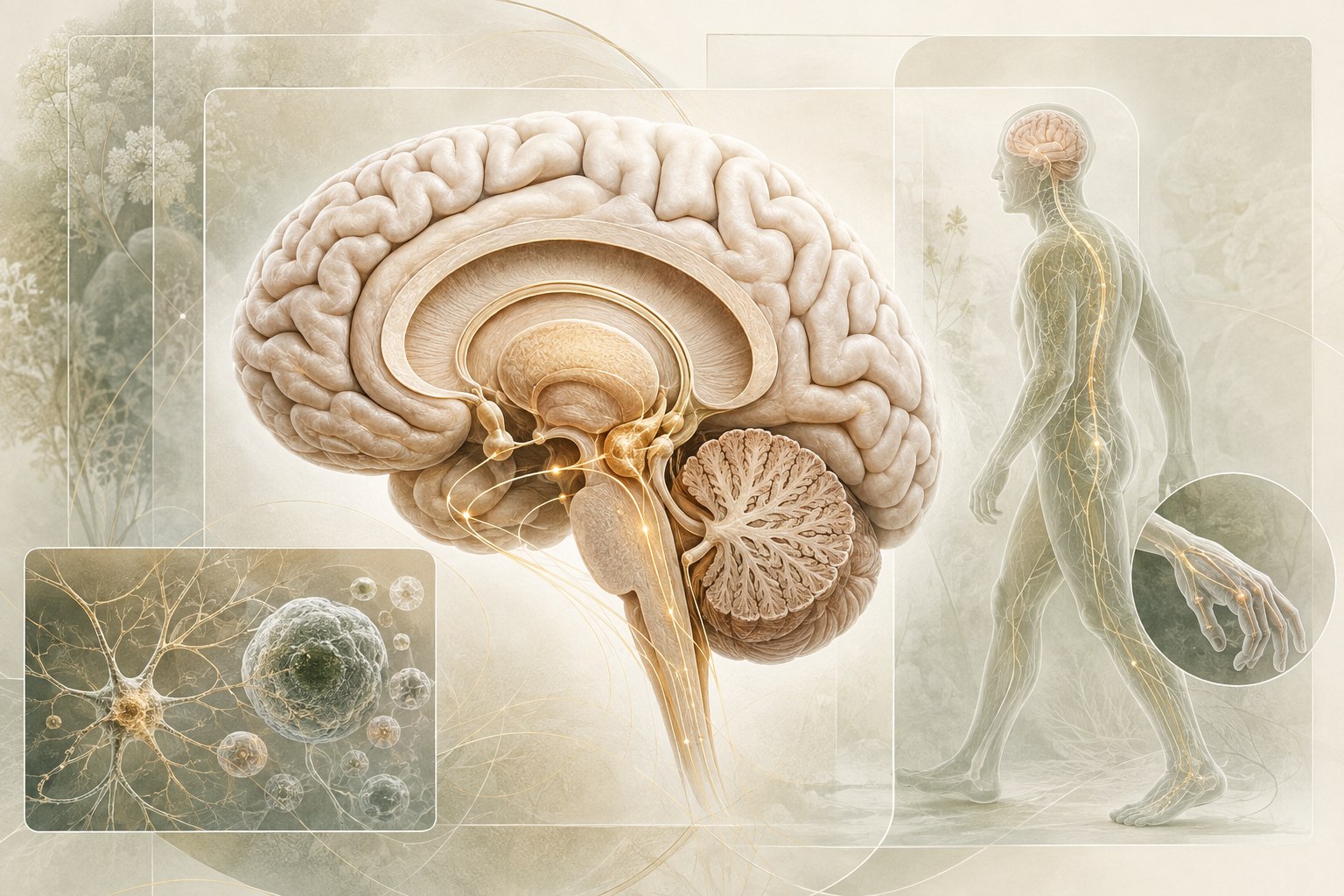 Layered sagittal brain illustration highlighting basal ganglia circuits with gait, hand movement, and neuron research insets for Parkinson's disease