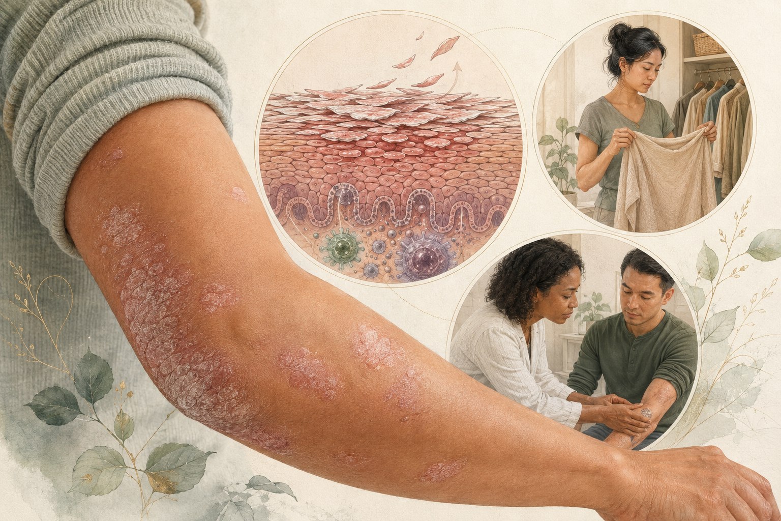 Layered skin cross-section showing accelerated cell turnover, plaque distribution, and immune signaling in psoriasis