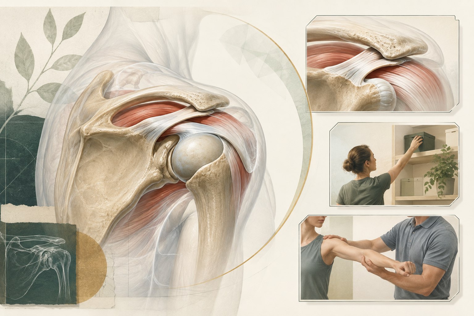 Detailed shoulder illustration showing rotator cuff tendons, tear patterns, arm elevation, strength testing, and imaging context
