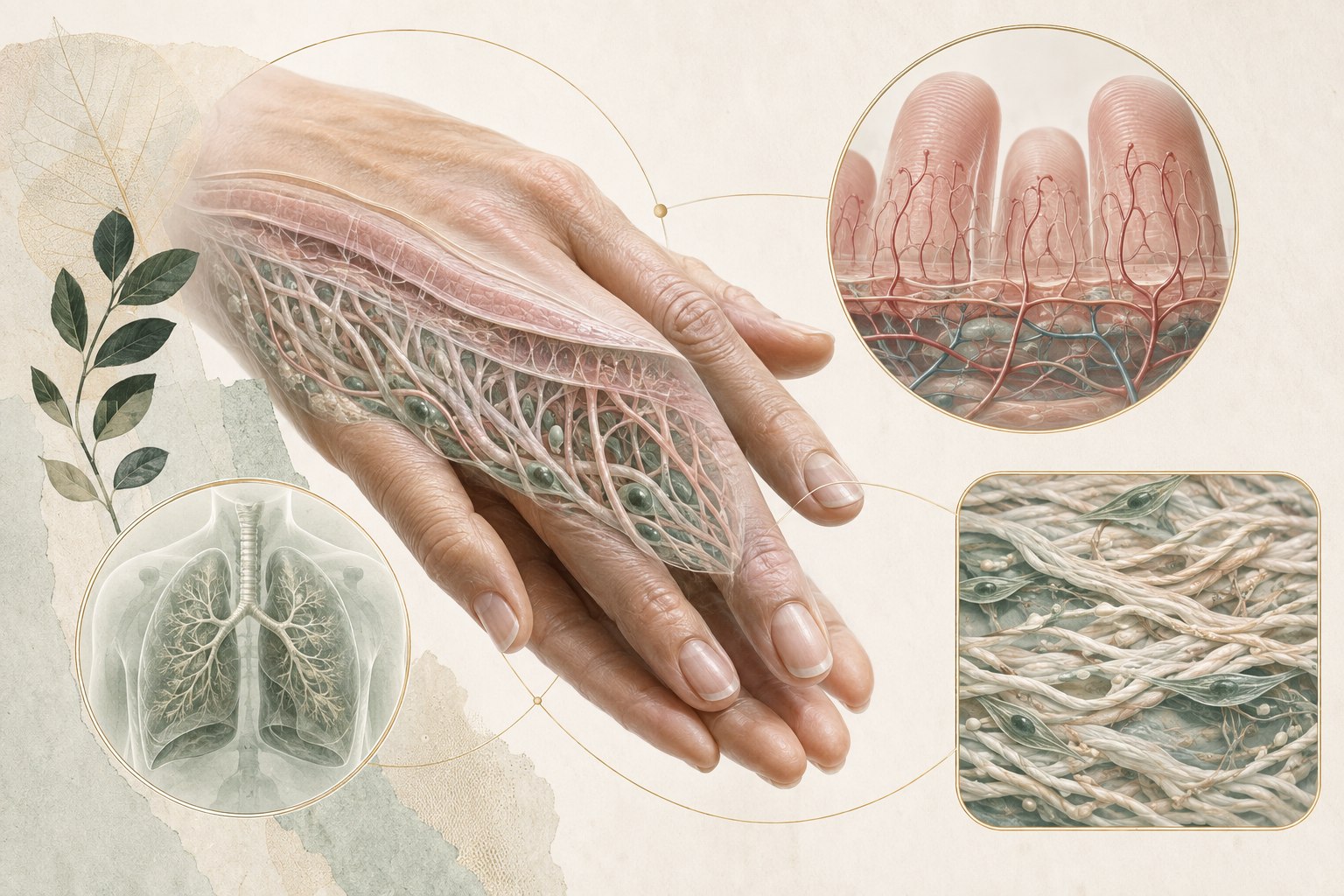 Layered illustration of collagen change, skin tightening, small blood vessels, lungs, heart, kidneys, and digestion in systemic sclerosis