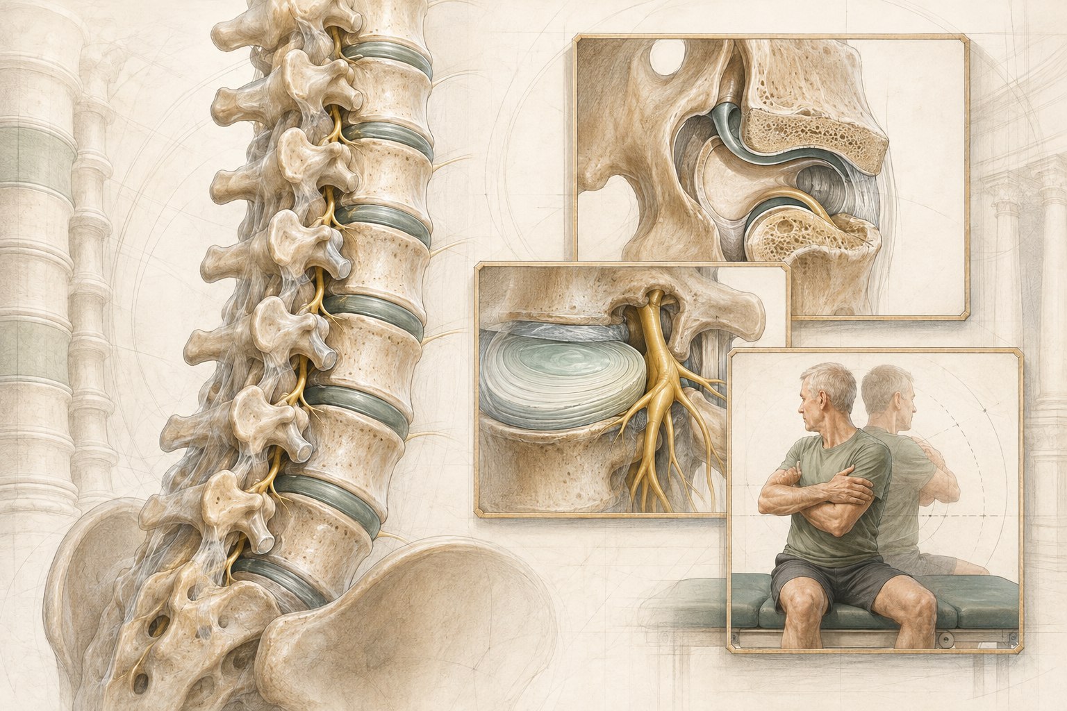 Layered spinal illustration showing facet arthritis, discs, nerve exits, posture, walking, and neurological symptoms