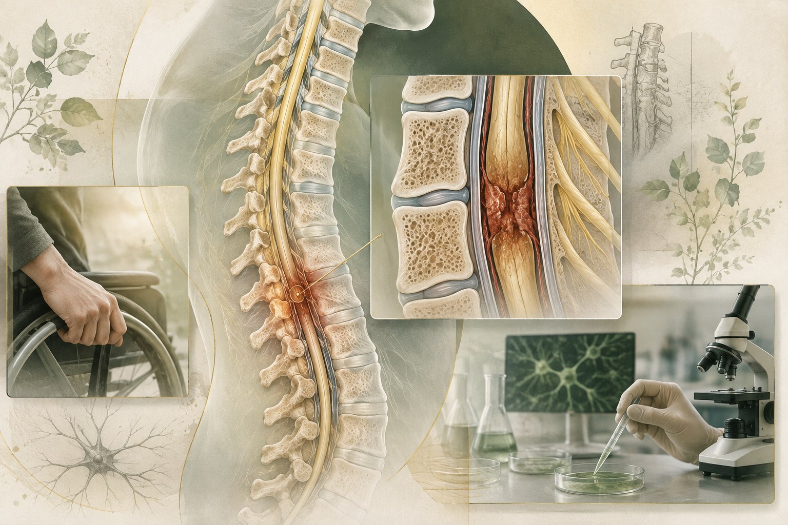Layered spinal cord illustration showing injury level, ascending and descending pathways, mobility, sensation, and autonomic function