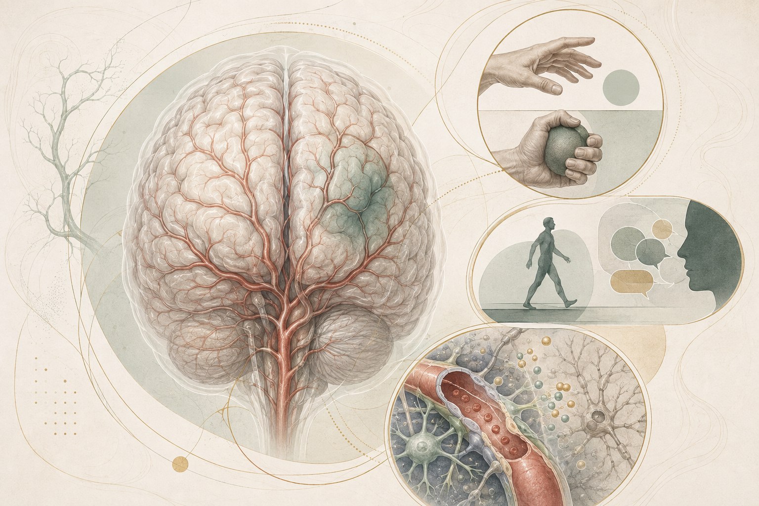 Layered brain illustration showing a stroke area, affected networks, rehabilitation tasks, and recovery measures