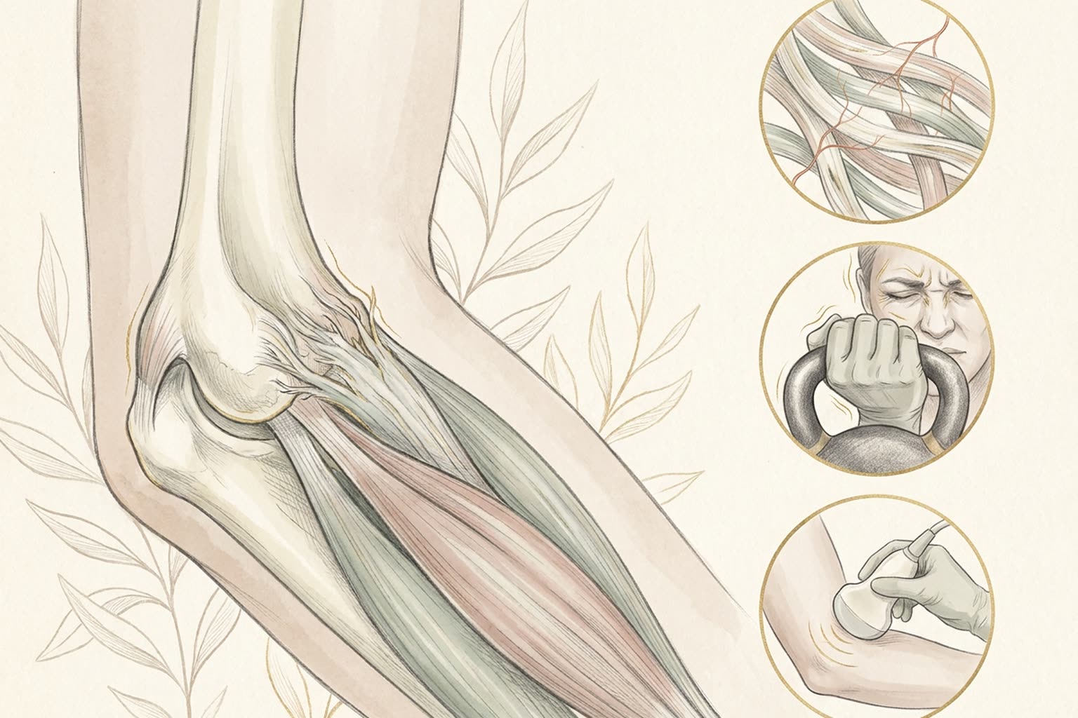 Outer elbow illustration showing the common extensor tendon frayed at the lateral epicondyle, degenerated collagen, a painful grip, and ultrasound assessment