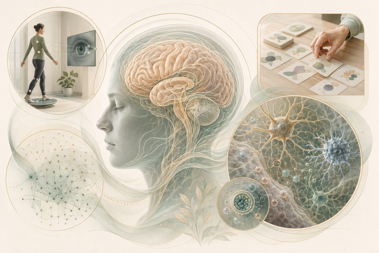 Cutaway brain illustration connecting cognition, balance, mood, and clinical imaging in traumatic brain injury