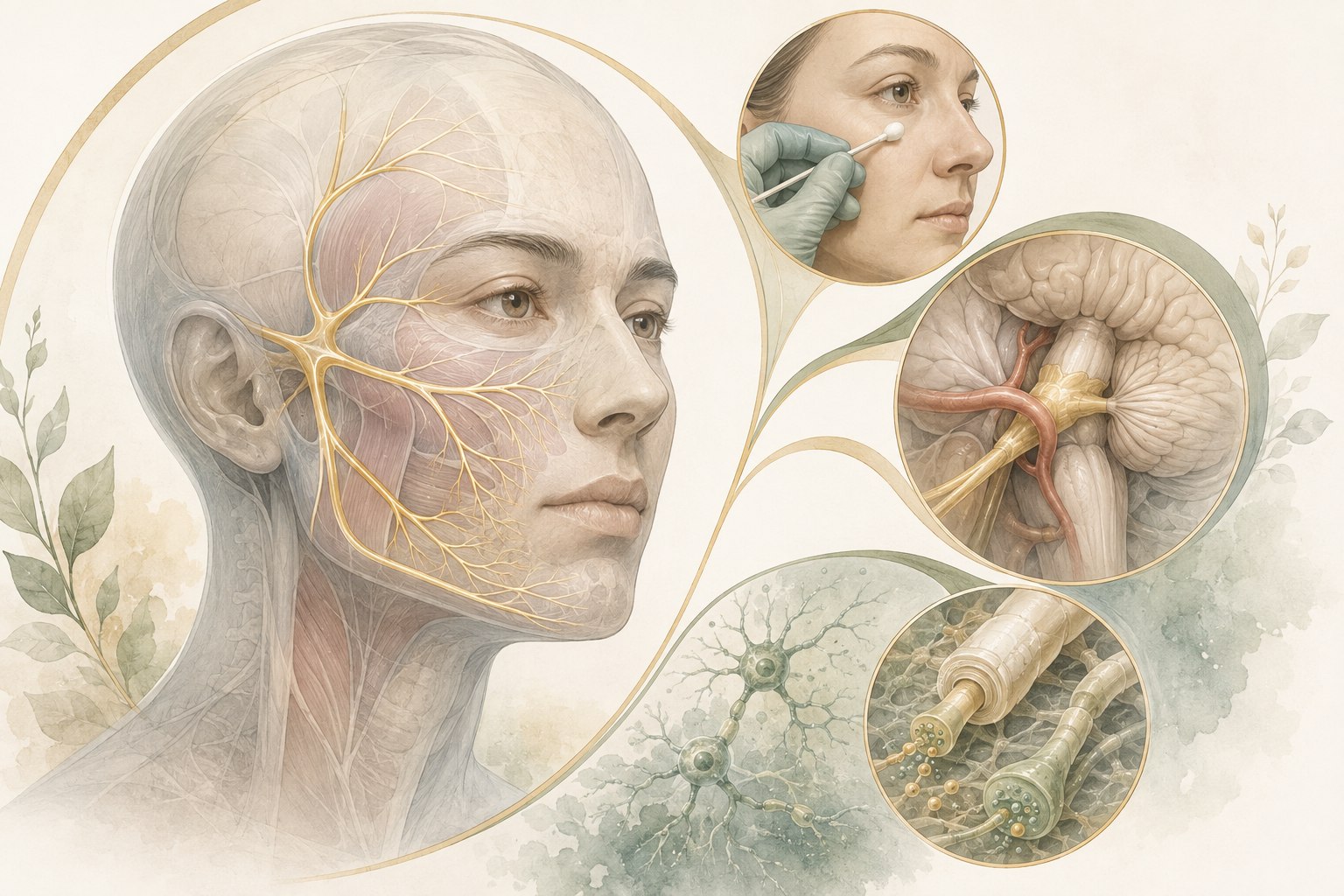 Anatomical illustration of the three trigeminal nerve branches with facial trigger zones, brainstem origin, and imaging context