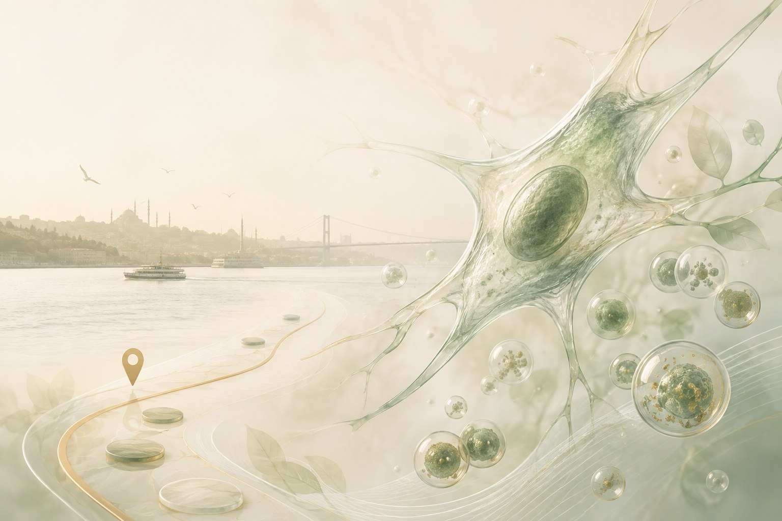 Editorial illustration connecting Istanbul landmarks, a travel pathway, and a cellular research motif