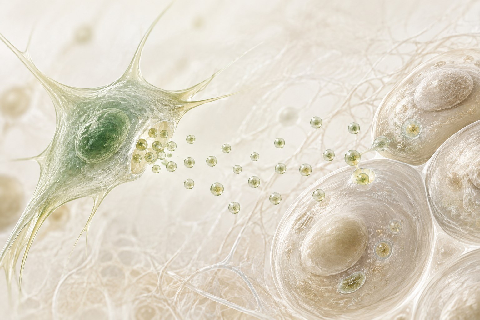 Illustration of a mesenchymal stromal cell releasing extracellular vesicles toward neighboring tissue cells