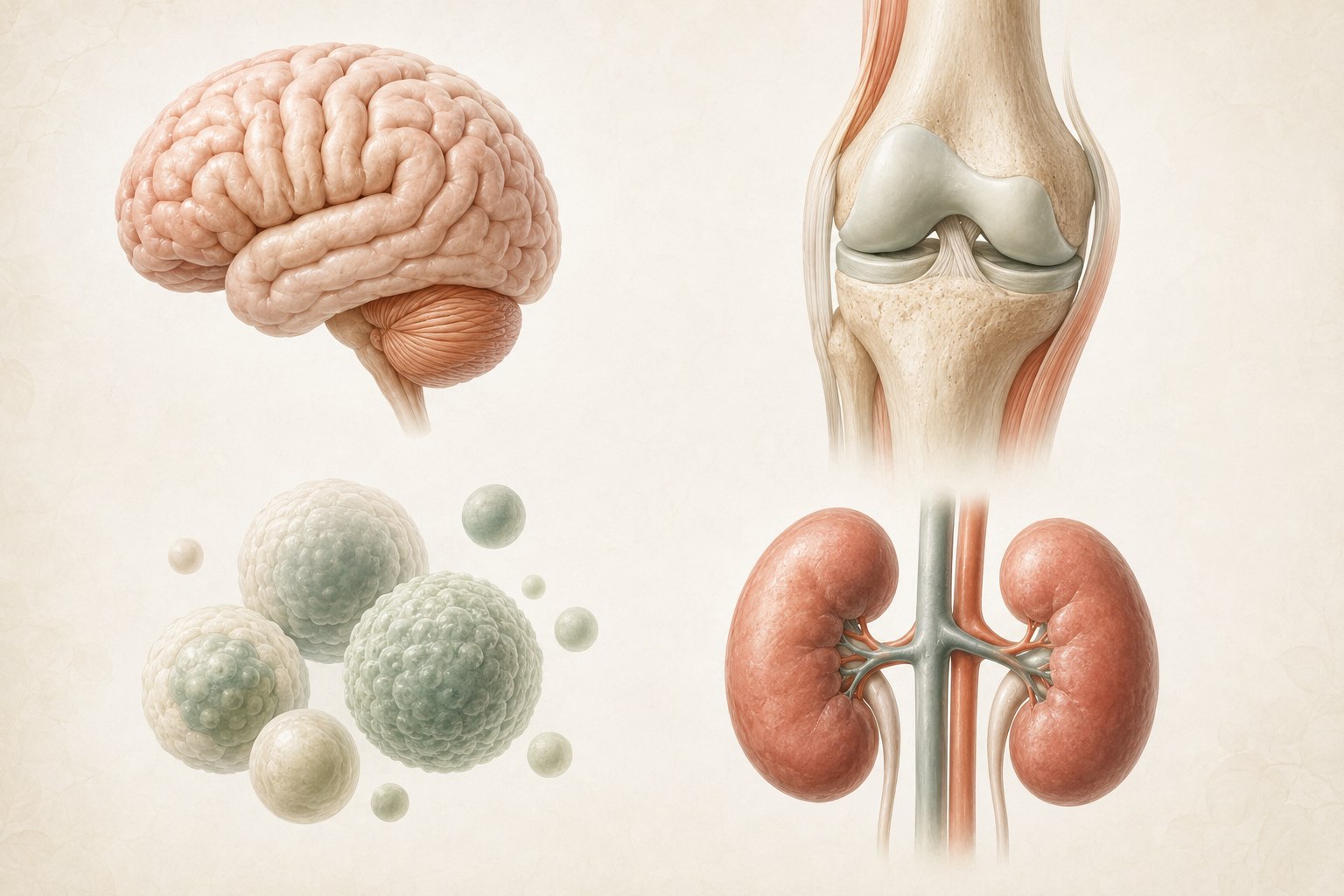Educational illustration of neurological, musculoskeletal, immune, and renal systems