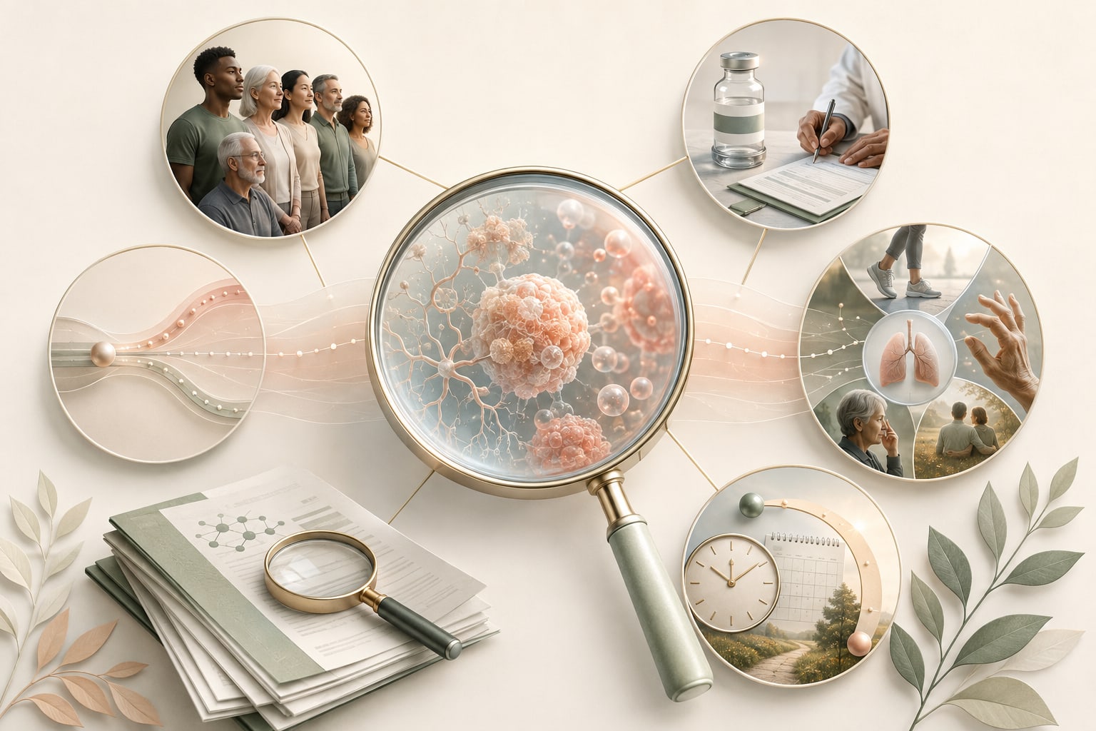 Editorial evidence map connecting patient groups, treatment protocols, outcome domains, follow-up, and uncertainty