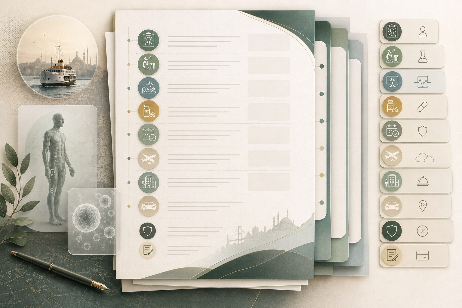 Layered editorial illustration of an itemized treatment proposal separating clinical care, laboratory checks, follow-up, and Istanbul travel costs