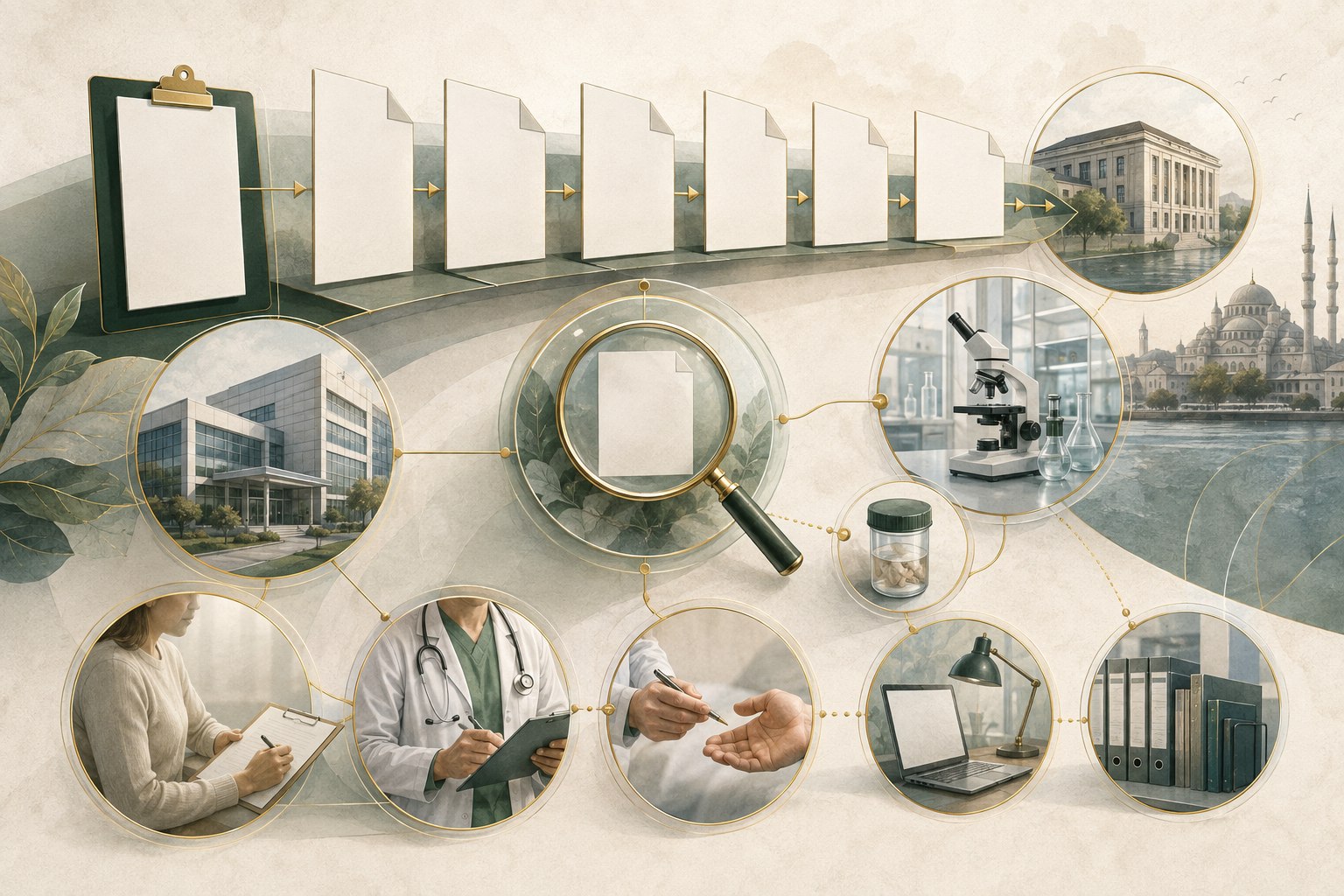 Editorial illustration of a desk where patient records, laboratory documentation and clinical research come together
