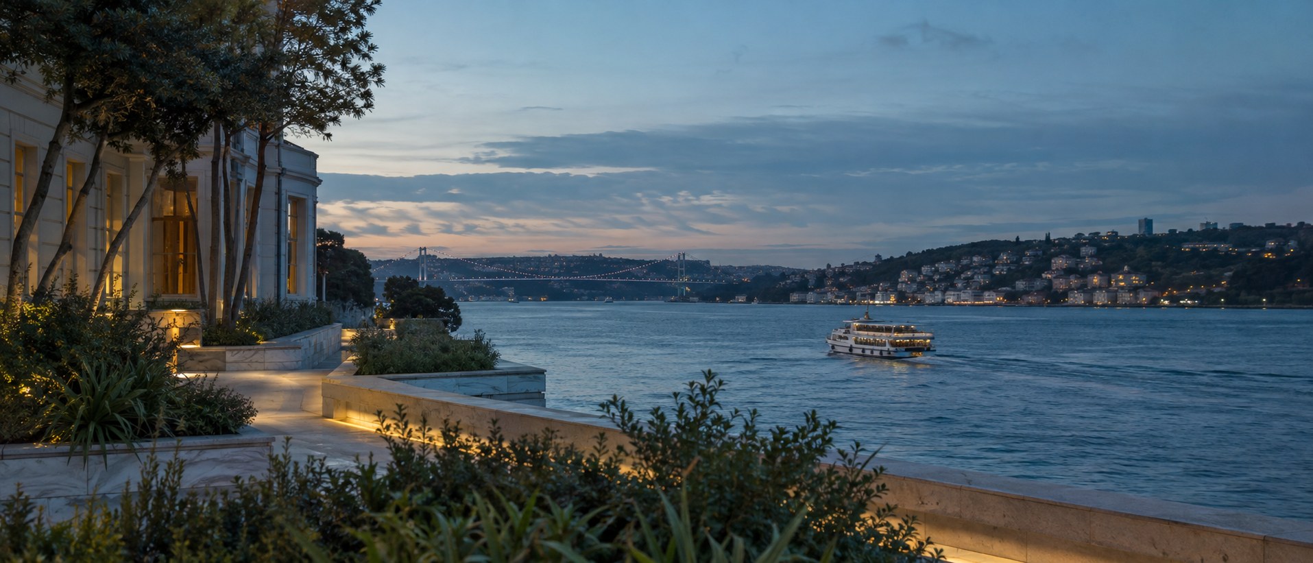 Editorial view across Istanbul and the Bosphorus in evening light