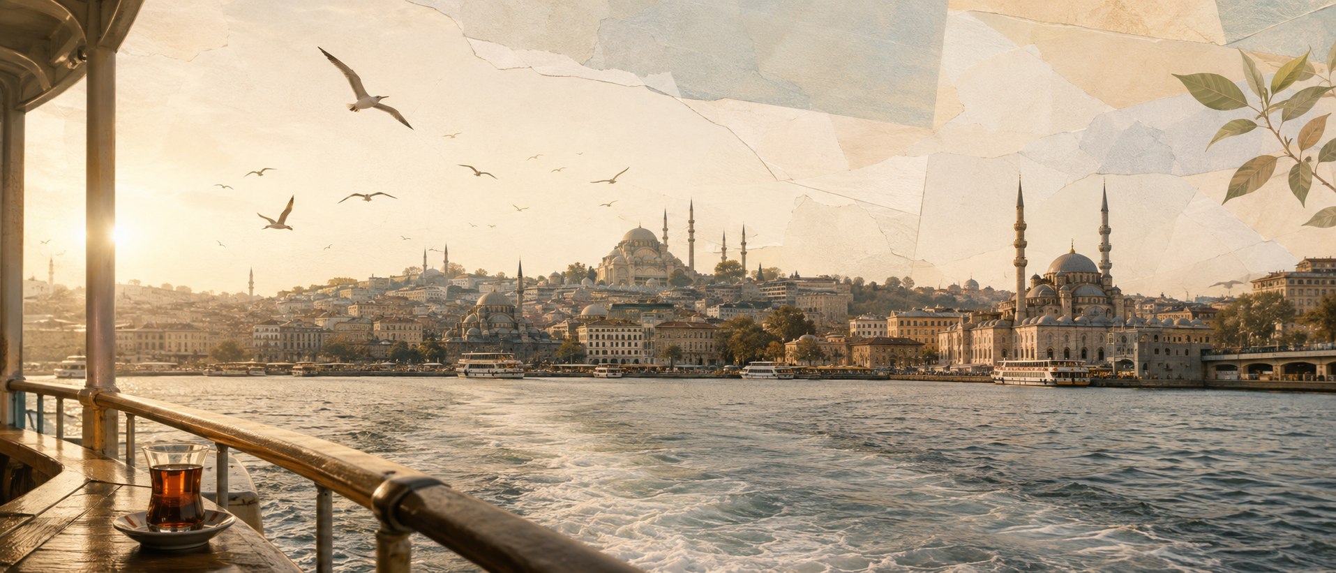 Wide view from an Istanbul ferry toward the historic peninsula in warm morning light
