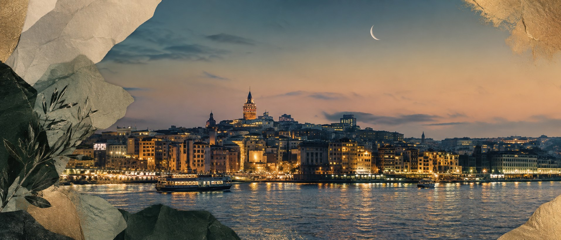 Wide evening view across the Golden Horn toward Galata Tower and illuminated Istanbul waterfront buildings