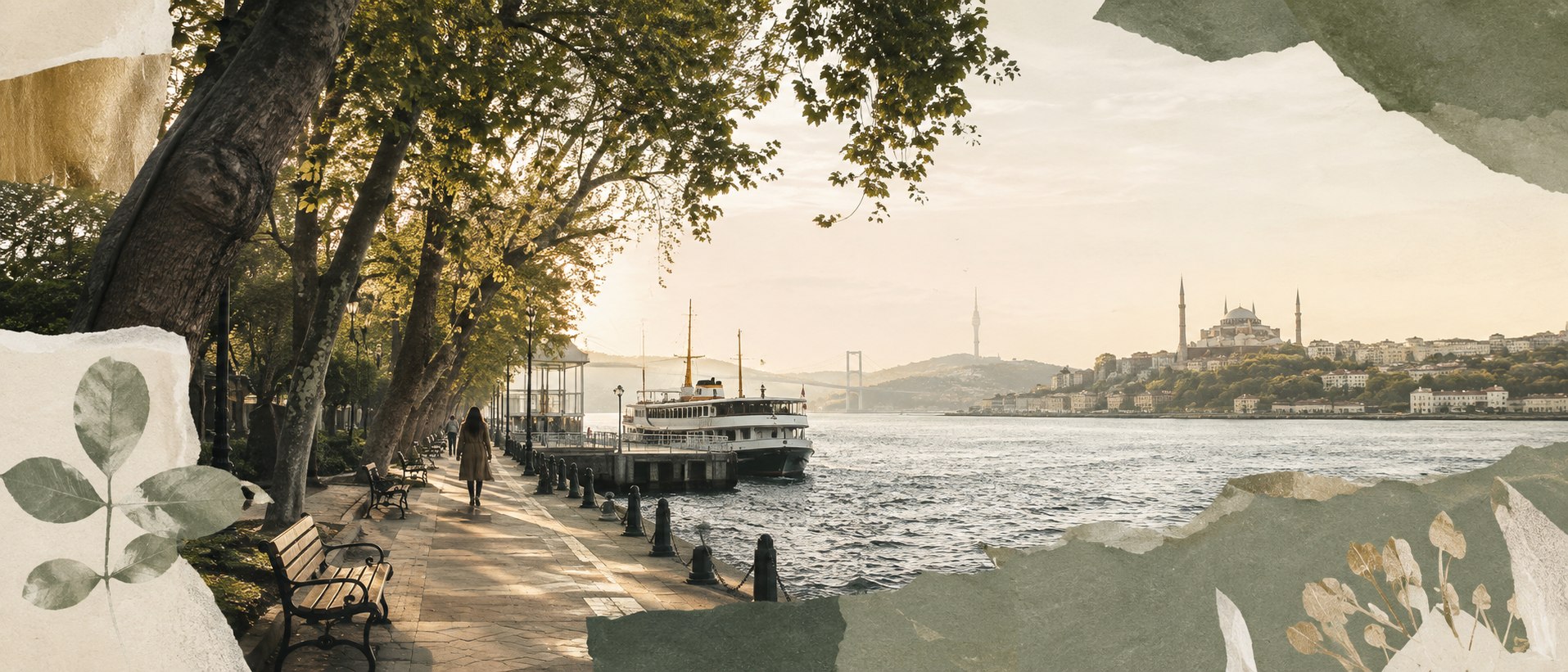 Wide morning view of a tree-lined Istanbul waterfront, ferry landing, Bosphorus, and distant mosque