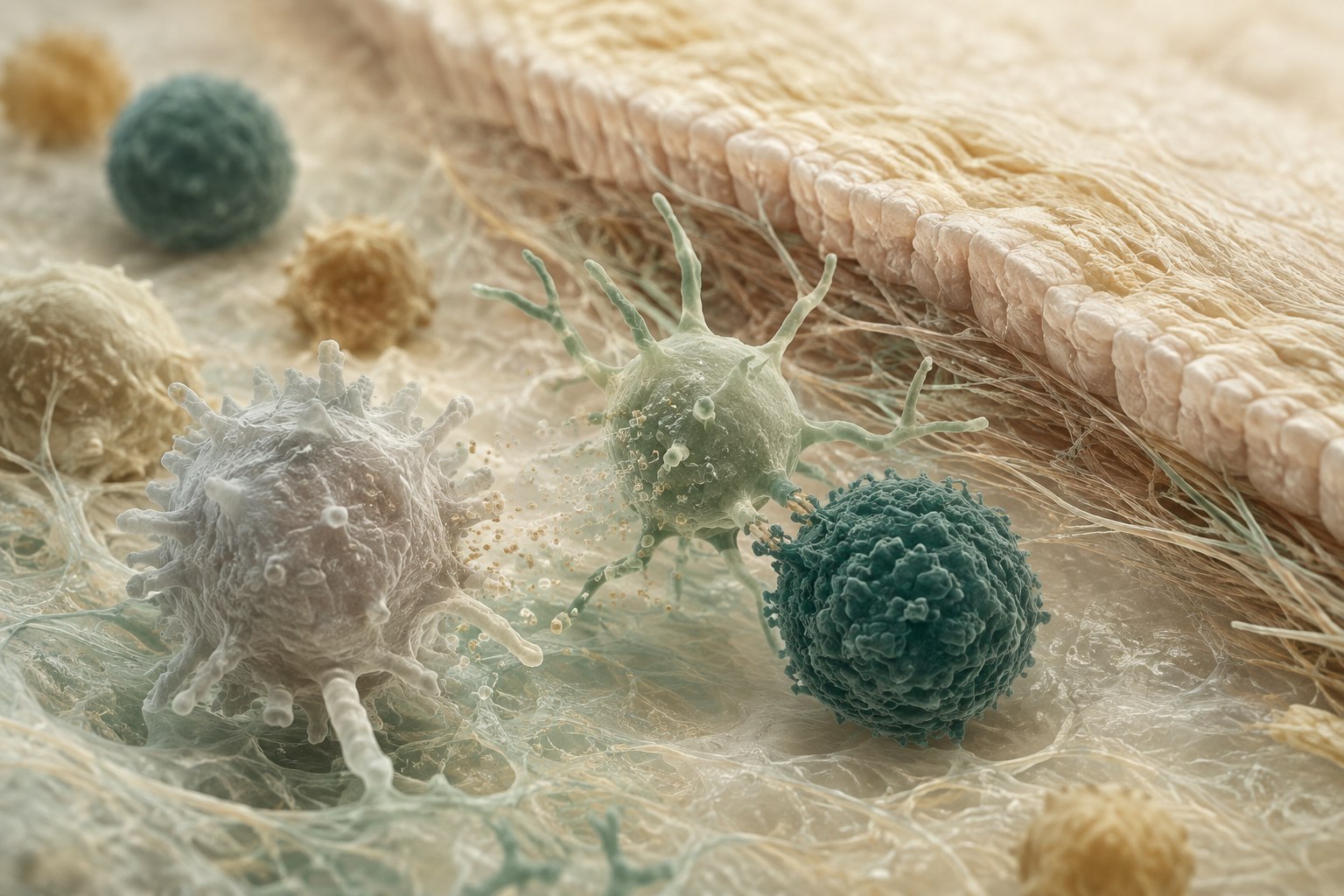 Microscopic editorial illustration of immune cells, signaling molecules, and inflamed tissue