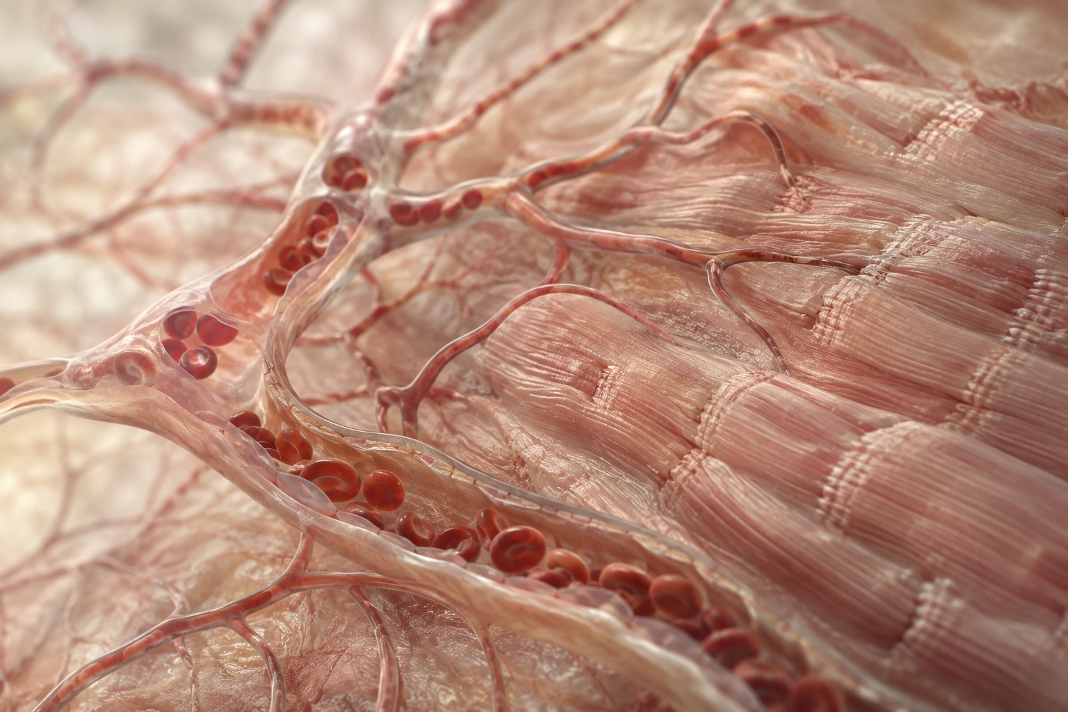 Microscopic editorial illustration of heart muscle, blood vessels, and cellular signaling