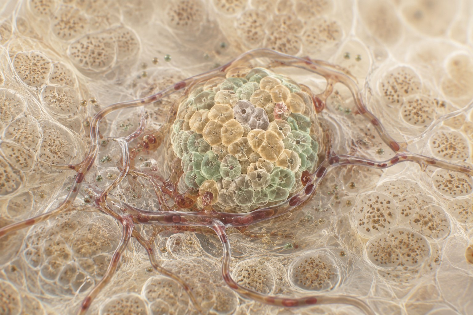 Microscopic editorial illustration of pancreatic islet cells, blood vessels, and glucose signaling