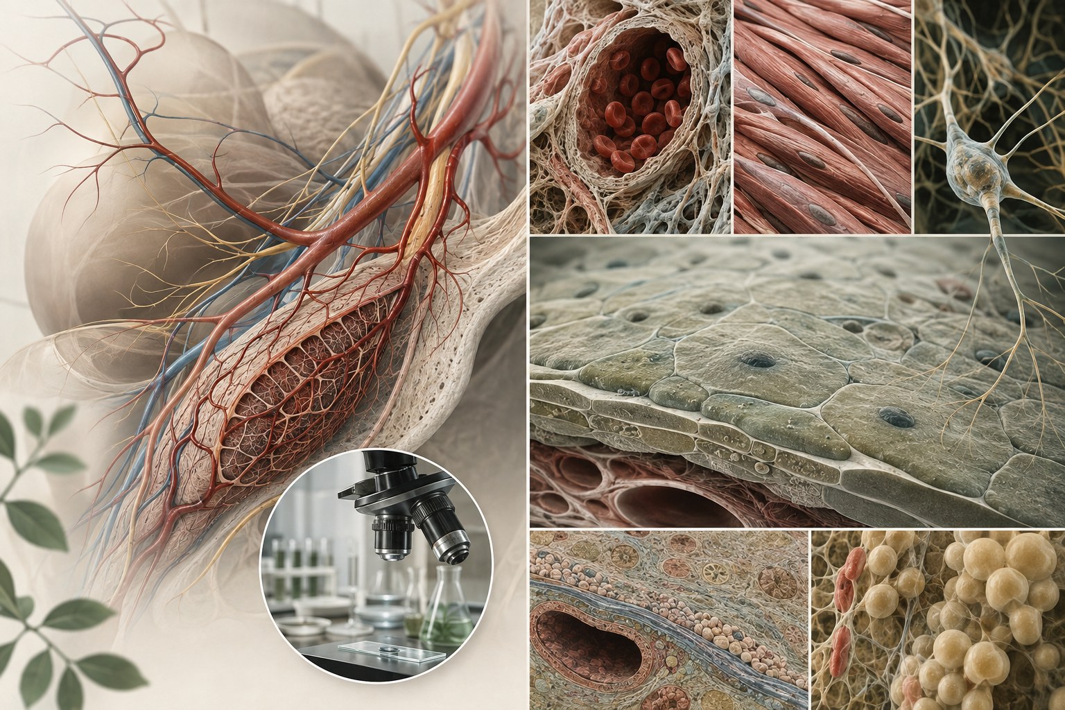 Microscopic editorial illustration of vascular channels, smooth muscle, neural signaling, and connective tissue in erectile function research